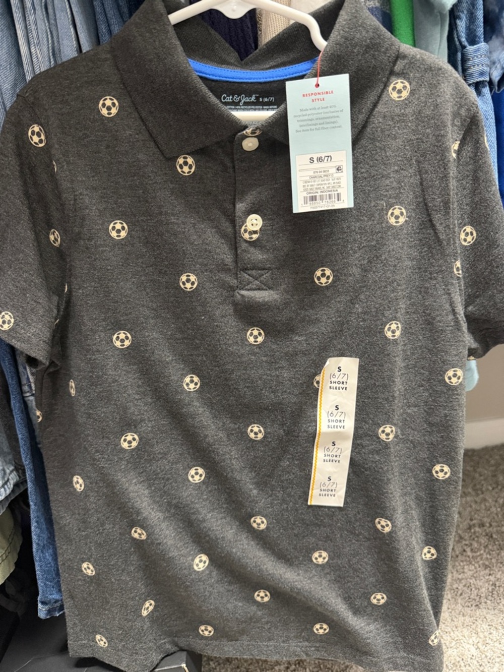 Cat & Jack Charcoal Gray Polo with Cream Soccer Dot Print